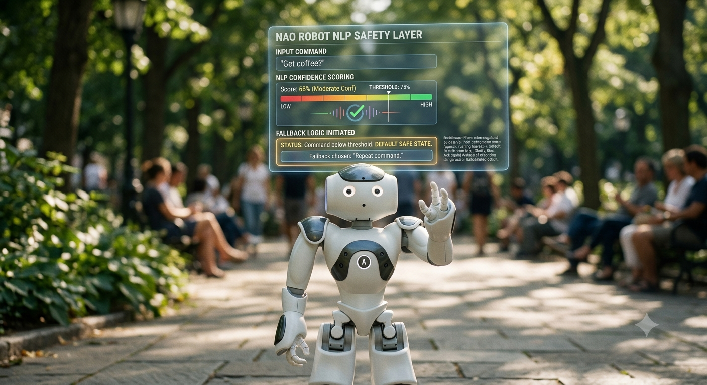 NAO humanoid robot with an NLP confidence-scoring safety-layer overlay