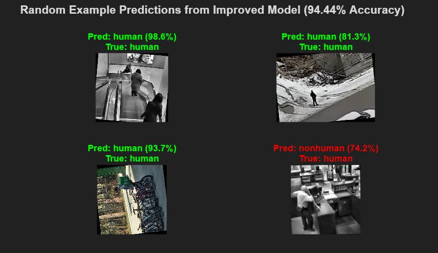 Grid of human/non-human CNN predictions at 94.17% accuracy